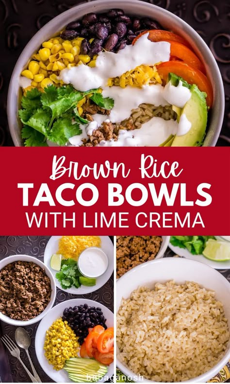 Healthy meal prep brown rice taco bowls with ground beef. Beef Recipes For Lunch, Bowls With Ground Beef, Brown Rice Bowl Recipe, Mexican Bowl Recipe, Rice Bowls Vegetarian, Brown Rice Recipes Healthy, Mexican Brown Rice, Healthy Brown Rice, Rice Bowls Healthy