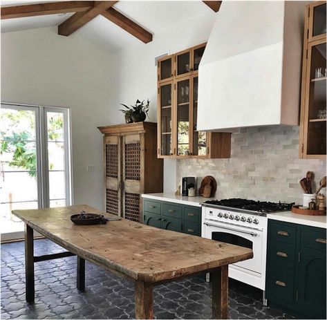 jess jonathan kitchen photo Black Tiles Kitchen, Reclaimed Wood Kitchen Island, Reclaimed Wood Kitchen, Kitchen Island Table, Green Kitchen Cabinets, Wood Kitchen Island, Classic Kitchen, Green Cabinets, Kitchen Floor Tile