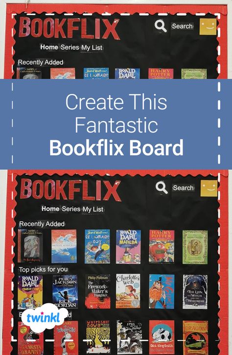 'Bookflix' 📚 This Netflix inspired reading display is a great way to get children excited about a range of different books and encourage them to be more adventurous! Create your own bookflix themed book corner with our printable red lettering - click to download! #books #reading #readingdisplay #readingcorner #bookflix #netflix #classroomideas #classroominspiration #classroom #backtoschool #teachingideas #teachingresources #teacher #twinkl #twinklresources #classroomdisplay Netflix Classroom Theme, Bookflix Classroom Display, Book Classroom Themes, Bookflix Display, Curriculum Display, Book Corner Display, Classroom Display Ideas, Library Windows, Primary Classroom Displays