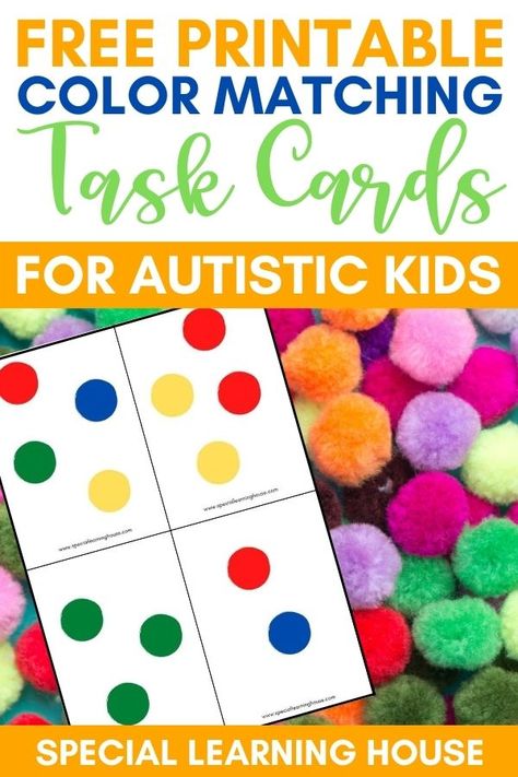 Free Printable Color Matching Pompom Task Cards - Special Learning House Velcro Matching Activities Free, Free Printable Task Boxes, Teacch Activities Free Printable, Free Playdough Task Cards, Task Boxes For Special Education Preschool, Task Cards Kindergarten Free Printable, Hands On Task Boxes, Task Boxes Preschool Free Printables, Preschool Task Boxes Free