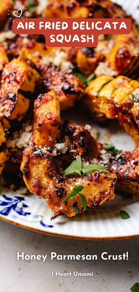 Try this quick and easy air fryer delicata squash recipe with a caramelized honey parmesan crust.  A perfect side dish for fall and holidays! Air Fryer Delicata Squash Recipes, Fried Delicata Squash, Honey Sriracha Brussel Sprouts, Easy Squash Recipes, Umami Recipes, Caramelized Honey, Gluten Free Asian Recipes, Squash Pasta Recipe, Delicata Squash Recipe