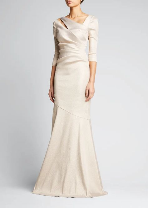 T2U6X Rickie Freeman for Teri Jon Metallic Stretch Jacquard Draped Gown Boat Attire, Draped Gown, Drape Gowns, Teri Jon, Trumpet Gown, Designer Evening Gowns, Asymmetric Neckline, Dress The Population, Gowns With Sleeves