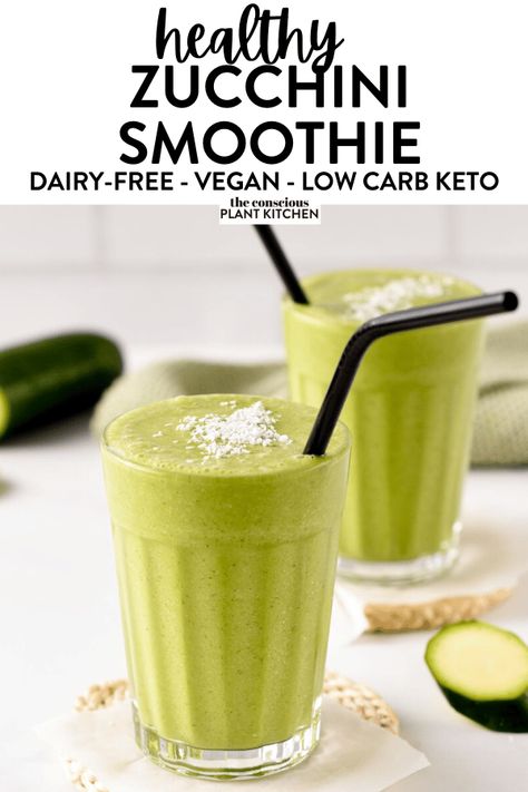 This green zucchini smoothie is an healthy, creamy green smoothie packed with two vegetables for extra vitamins and proteins. It's a perfect post-work out drink or refreshing snack, 100% dairy-free and gluten-free too. Zucchini Smoothie Recipes, Green Smoothie Protein, Smoothie Station, Extra Vitamins, Zucchini Smoothie, Vegetable Smoothie, Chocolate Avocado Smoothie, Bullet Recipes, Avocado Smoothie Recipe