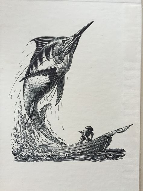 By C F Tunnicliffe and Raymond Sheppard from the Reprint Society edition of Ernest Hemingway's 'The Old Man and the Sea'. Hemingway Tattoo, Charles Tunnicliffe, Fishing Drawing, Sea Drawing, Sea Tattoo, Sea Illustration, Fish Drawings, Sea Art, 판타지 아트