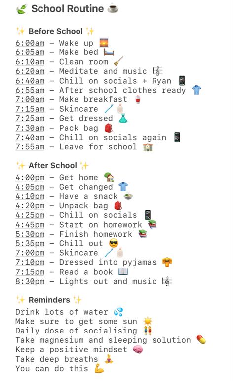 Schedule For The Day Daily Routines, Schedule Morning Routine, Week Day Schedule, Morning Routines For School 7am, Cute Morning Routine List, School Daily Routine Schedule, 6am To 8am Morning Routine For School, Early Morning Routine For School, After School Routine Checklist