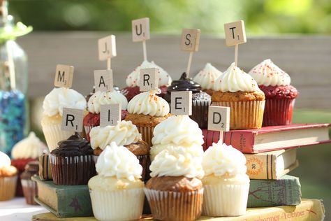 Love the scrabble tile toppers :) Scrabble Wedding Ideas, Bride Cupcakes, Scrabble Wedding, Artist Wedding, Scrabble Letters, Wedding Cake Table, Offbeat Bride, Indiana Wedding, Wedding Cupcakes