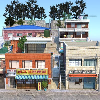 ArtStation - Yeonhee Supermarket, Studio Vertex Japanese Apartment Exterior, Korean House Exterior, Japanese Apartment Building, Japanese Townhouse, Smart Houses, Korean Apartment, Japanese Apartment, Japanese Buildings, Japanese Town