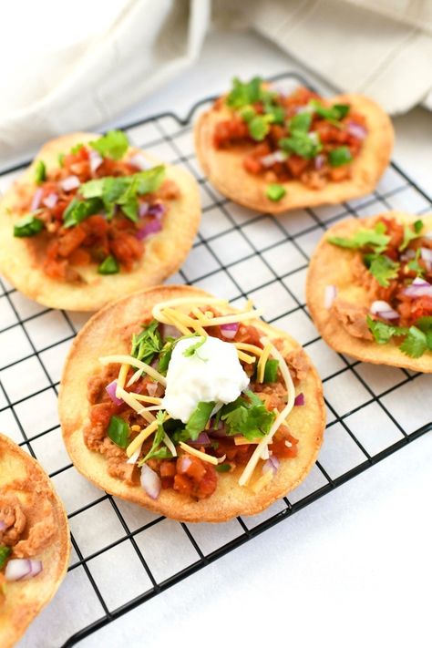 Tostadas With Flour Tortillas, Small Flour Tortilla Ideas, Flour Tortilla Tostadas, Baked Flour Tortillas In Oven, Small Flour Tortillas Recipes, Refried Bean Tostadas, Small Tortillas Recipes, Bean Tostada Recipes, Corn Tortilla Recipes Dinners