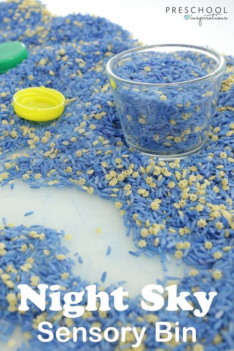 Night Sky Sensory Bin - so easy to make and very engaging for the kids! This is a perfect activity for a space theme. Sky Sensory Bin, Space Preschool, Craft Preschool, Sensory Activities Toddlers, Space Activities, Toddler Sensory, Sensory Boxes, Sensory Bottles, Sensory Table