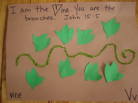 V .... vine Use green pipe cleaner and glue on leaves to make into vine for letter V. Disregard background paper. Vine Crafts For Preschoolers, V Preschool Crafts, Jesus Is The Vine Craft For Kids, Vine And Branches Craft, I Am The Vine You Are The Branches Craft, V Activities For Preschool, Letter V Crafts, Scripture Crafts, Abc Crafts