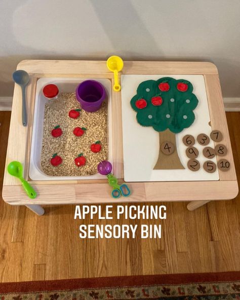 Apple Sensory Bin Toddlers, Apple Tree Sensory Bin, Apple Picking Sensory Bin, September Sensory Bin Preschool, Numbers Sensory Bin, Fall Flisat Table, Fall Sensory Bins For Toddlers, Apple Pie Sensory Bin, Fall Montessori Activities For Toddlers