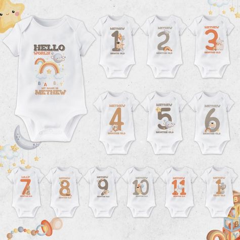 Personalised baby monthly milestone onesies are a wonderful way to capture and celebrate all the special moments and milestones in your baby's first year of life. These adorable onesies come in a variety of sizes, colors, and styles and are designed to mark each month of your baby's development, from birth to their first birthday.

Each onesie is personalised with your baby's name and features a unique design that highlights the specific milestone for that month. Milestone Onesies, Monthly Onesies, Happy Birthday Wishes Messages, Personalized Onesie, Baby Monthly Milestones, Monthly Milestone, Bodysuit Designs, Baby Growth, Baby Milestone