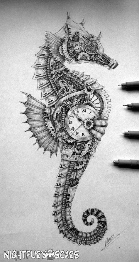 Punk Art Drawings, Steampunk Art Drawing, Seahorse Drawing, Anniversary Tattoo, Steampunk Illustration, Steampunk Tattoo, Sea Drawing, Steampunk Animals, Octopus Tattoo Design