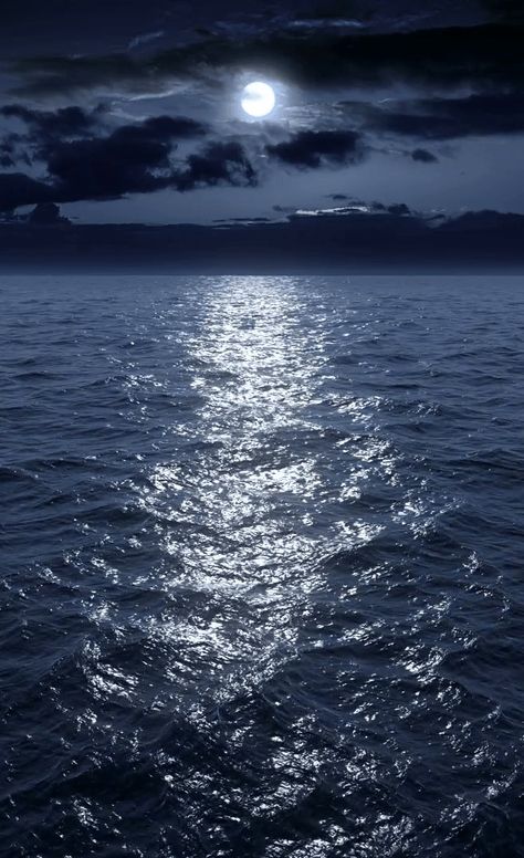 Moon Over Ocean Night, Moonlight Ocean Aesthetic, Night Sky Water Reflection Painting, Reflection Of Moon On Water, Ocean Pictures Dark, Moon Over Water Photography, Moon On The Ocean, Ocean Stars Aesthetic, Water At Night Aesthetic