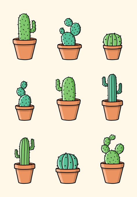 Cactus In Pot Drawing, Cute Cacti Drawing, Plants Cartoon Drawing, Tiny Stickers To Print, Cute Cactus Drawing Kawaii, Plant Pot Illustration, Plant Cartoon Drawing, Potted Plant Doodles, Cartoon Cactus Drawing