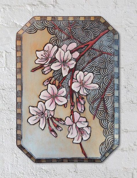 Woodburning Art, Phad Painting, Blossom Painting, Gorgeous Gourds, Cherry Blossom Painting, Pyrography Patterns, Wooden Artwork, Asian Aesthetic, Burnt Wood