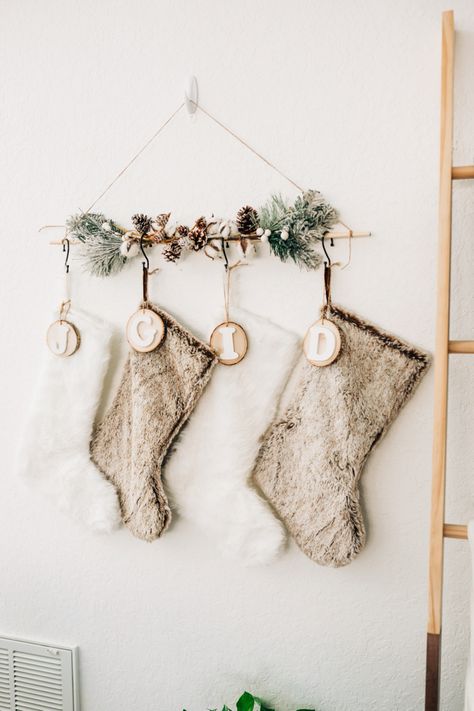 Stocking Holders No Mantle, Christmas Decor Stocking Ideas, How To Hang Stockings Without Fireplace, Stockings Hung Without Mantle, Stocking Hanger Alternative, Hang Christmas Stockings Ideas, Hanging Stocking Ideas Without Fireplace, Diy Christmas Stocking Hanger, Boho Stocking Holder