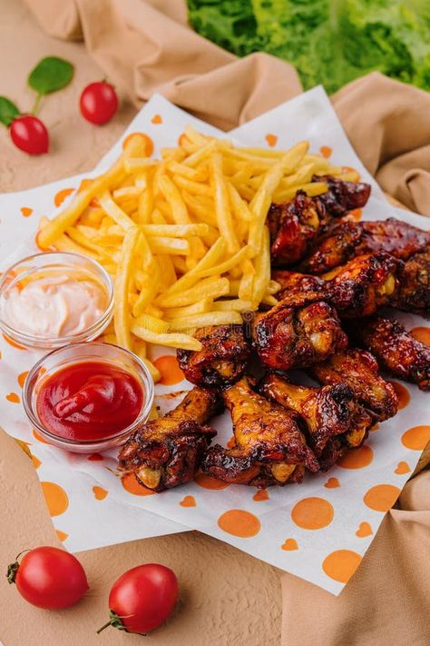 Bbq chicken wings with french fries and dips stock photo Wings With Fries, Food Potatoes, Juicy Grilled Chicken, Bbq Chicken Wings, Grilled Chicken Wings, Vector Character Design, Dipping Sauces, Paper Image, Vector Character