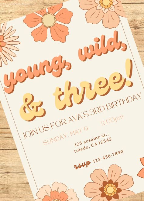 Young Wild and Three Birthday Party Invitation Template - Etsy Wild And Three Party Ideas, Three Birthday Party Girl, Vibin Thrivin And Three Birthday Decor, Vibing Thriving And Three Birthday, Young Wild And Three Birthday Girl, Vibin Thrivin And Three Birthday, Triple Birthday Party Invitation, Wild And Three Birthday Girl, Young Wild And Three Invitations