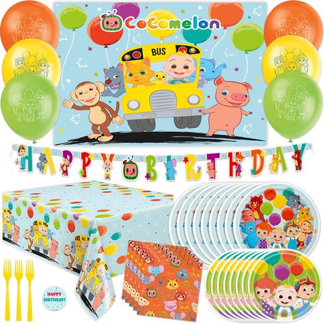 PRICES MAY VARY. Join Baby JJ and friends in throwing a fun birthday party! The CoComelon Party Supplies kit contains everything for easy party setup. This CoComelon birthday party supplies pack includes enough tableware, decor, balloons, and backdrop to host a complete 1st, 2nd or 3rd party for the birthday boy or girl. Total Pieces -- This set includes enough Cocomelon party decorations to host a party of 16 guests: 1 Happy Birthday banner, 1 backdrop, 1 plastic table cloth / tablecloth, 16 la Cocomelon Party Decorations, Cocomelon Backdrop, 2nd Birthday Theme, Cocomelon Birthday Party, Backdrop Balloons, Cocomelon Birthday, Boy Birthday Decorations, Party Setup, Up Theme