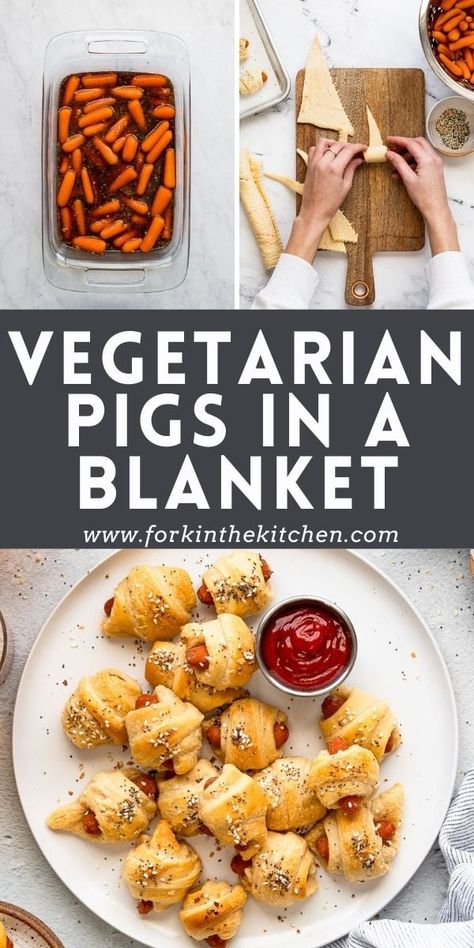 Now you can make your favorite childhood snack meatless with these Vegetarian Pigs in a Blanket. They're made without meat substitutes and instead use "carrot dogs" for a nutritious, fun, and easy-to-make appetizer! Pigs In A Blanket Vegetarian, Hors Devours Appetizers Vegetarian, Vegetarian Pigs In A Blanket, Meatless Party Food, Vegetarian Appetizers For Party, Veggie Apps, Veg Meal Prep, Hors Devours, Vegetarian Party Food