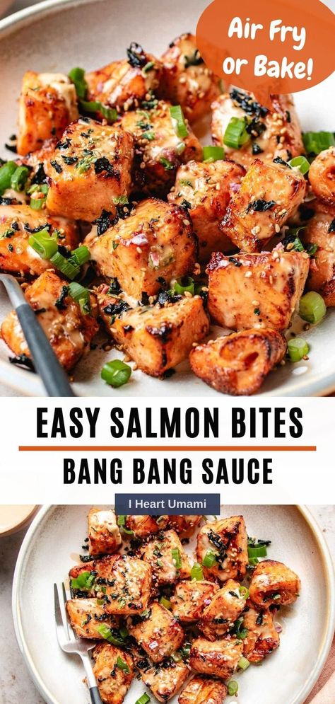 Bang bang salmon bites is an easy healthy appetizer with salmon chunks seasoned and served with homemade bang bang sauce. #bangbangsalmon #bangbangsalmonbites #appetizers #holidayrecipes #holidayappetizers #airfrying #airfriedsalmonbites Salmon Chunks Recipe, Bang Bang Salmon Bites, Salmon Chunks, Orthodox Fasting, Bang Bang Salmon, Savoury Meals, Salmon Bites Recipe, Bang Bang Sauce, Fish Friday