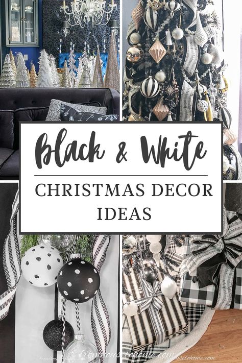 Black and White Christmas Decor Ideas Black And White Christmas Table Centerpiece, Black And White Christmas Trees Ideas, Black White Christmas Decorations, Black And White Christmas Decor Tree, Black White Christmas Tree Ideas, Black N White Christmas Decor, Black Theme Christmas Decor, Black White Gray Christmas Decor, Rustic Black And White Christmas Decor