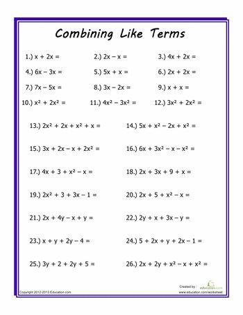 Worksheets: Combining Like Terms Algebraic Expressions Worksheet, Math College, Simplifying Algebraic Expressions, Exponent Worksheets, Basic Algebra, Simplifying Expressions, Math Expressions, Combining Like Terms, Algebra Worksheets