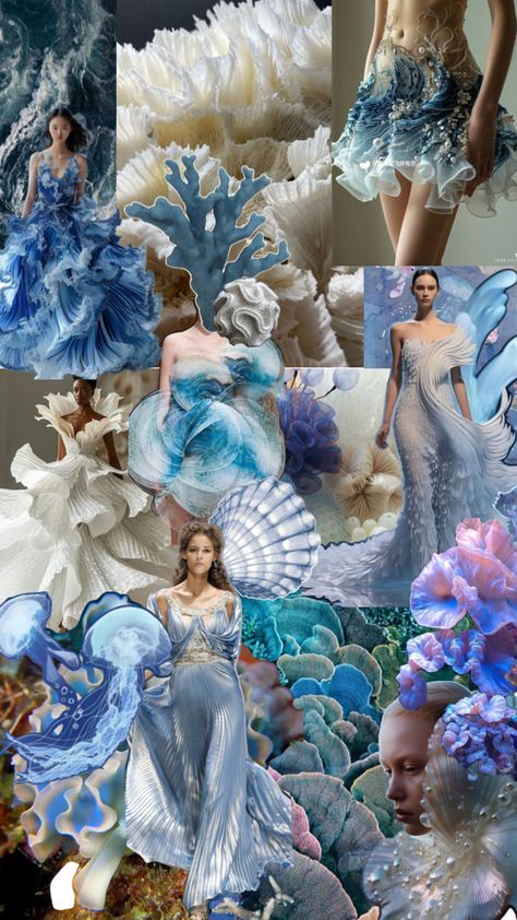 Jellyfish Dress Fashion, Fashion Moodboard Layout, Textiles Final Piece, Ocean Inspired Fashion, Ocean Fashion Design, Textile Design Sketchbook, Sea Inspired Fashion, Sea Spirit, Mood Board Fashion Inspiration