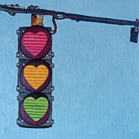 Heart Shaped Traffic Lights Painting Original oil painting. No.917 - Traffic Lights It's painted on January 2024. Oil on 20x20x0,3 cm - 8x8x0,12 inches canvas board.  It's an original painting, not a print nor a reproduction. Worldwide shipping. It will be shipped safely, wrapped with bubble wrap in a box.  Thank you! Paintings About Love Easy, In Love Painting Ideas, Happy Acrylic Painting, Easy Indie Paintings, Simple Fun Paintings, Relatable Paintings, Stop Light Painting, Cool Things To Paint On Canvas Creative, Indie Things To Paint