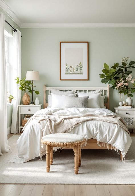 Sage Green Farmhouse Bedroom Cream And Light Green Bedroom, Sage Green Farmhouse Decor, Sage Color Palette Bedroom, Green Bedroom White Furniture, Light Green Walls Bedroom, Sage Green And Gray Bedroom, Light Sage Green Bedroom, Light Sage Green Paint, Sage Green Bedroom Aesthetic