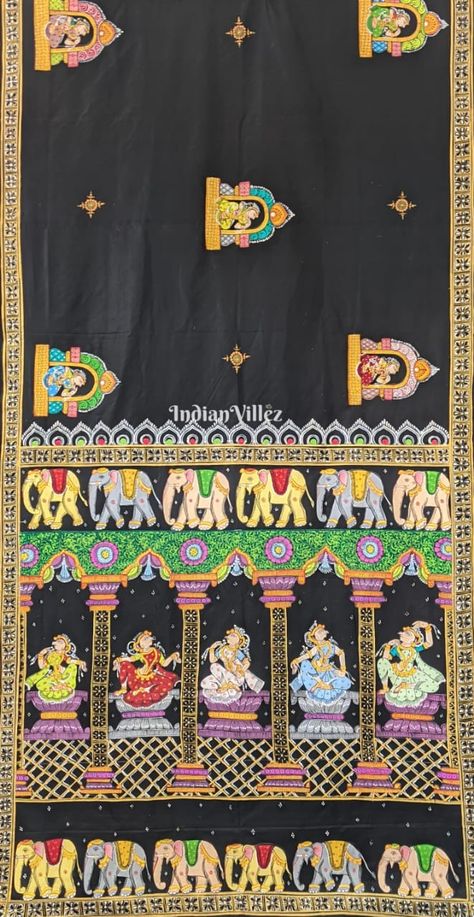 Pattachitra Saree, Pattachitra Art, Peacock Mehndi, Saree Borders, Painting Dress, Peacock Mehndi Designs, Art Competition Ideas, Saree Painting Designs, Black Elephant