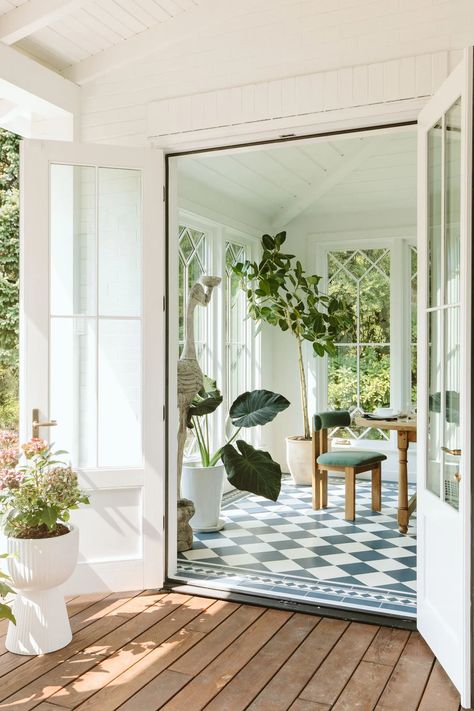 Sunroom Dining Room, Farmhouse Sunroom, Sunroom Dining, Mosaic Border, Sunroom Addition, Checkerboard Floor, Sunroom Designs, Farmhouse Remodel, Real Mom