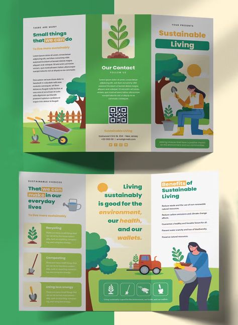 Sustainable Living Tri Fold Brochure Template AI, EPS Infographic Brochure Design Layout, Folding Brochure Design, Information Brochure Design, Trifold Poster Ideas, Green Brochure Design, Tri Fold Brochure Design Layout, Sustainability Brochure, Leaflet Design Layout, Creative Brochure Layout