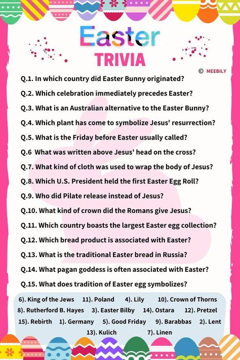 60+ Easter Trivia Questions & Answers For Kids & Adults - Meebily Easter Riddles, Easter Quiz, Easter Trivia, Fun Quiz Questions, Easter Party Games, Easter Lessons, Fun Trivia Questions, Easter Worksheets, Quiz With Answers