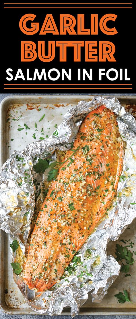 Garlic Butter Salmon in Foil - Easiest tin foil dinner! Simply bake right in your foil packet. Quick, easy, and effortless with seriously zero clean-up!! Garlic Butter Salmon In Foil, Tin Foil Dinners, Salmon In Foil, Resep Seafood, Foil Dinners, Garlic Butter Salmon, Foil Packet, Butter Salmon, Salmon Dishes