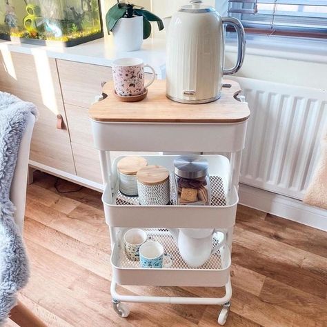 Ikea Raskog Cart Kitchen, Ikea Cart Coffee Station, Raskog Cart Kitchen, Coffee Trolley Ideas, Coffee Cart At Home, Coffee Trolly, Ikea Raskog Cart Ideas, Coffee Station Cart, Home Coffee Cart