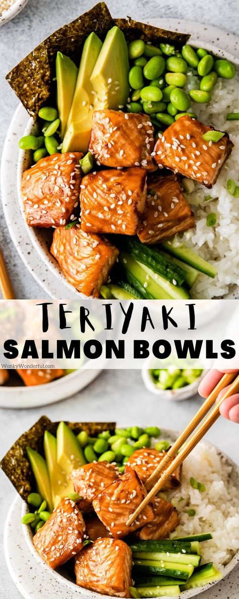 Teriyaki Salmon Avocado Rice Stack, Teriyaki Salmon Rice Bowl, Salmon Teriyaki Bowl, Salmon Avocado Cucumber, Teriyaki Salmon Bowl, Salmon Sushi Bowl, Sushi House, Gut Recipes, Salmon Bowls