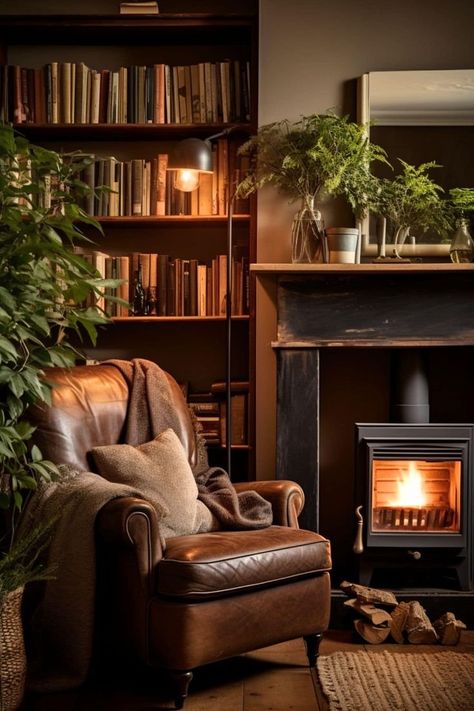 Fireplace Sitting Area Cozy, Reading Nook Fireplace Cozy Corner, Lounge Reading Corner, Small Window Reading Nook, Reading Nook With Fireplace, Small Whiskey Room, Small Reading Nook Ideas, Home Den Ideas, Reading Chairs Comfy