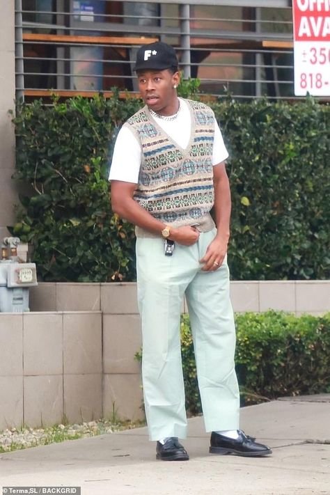 Tyler The Creator Doc Martens, Tyler The Creator Dress Up, Tyler The Creator Outfit Inspo Men, Tyler The Creator Vest, Sweater Vest Tyler The Creator, Tyler The Creator Best Outfits, Cardigan Outfit Tyler The Creator, Tyler The Creator Vest Outfit, Tyler The Creator Outfits Inspiration Men