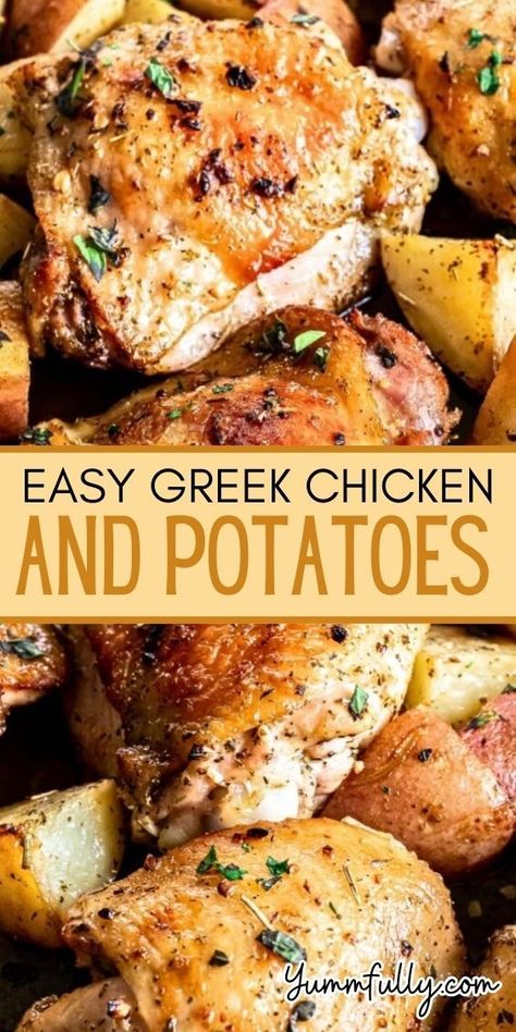 In this Mediterranean-inspired dish, red potatoes and bone-in chicken thighs are combined with a zesty marinade and then roasted to golden perfection. Easy Greek Chicken, Greek Chicken And Potatoes, Mediterranean Herbs, Bone In Chicken Thighs, Roasted Chicken And Potatoes, Bone In Chicken, Greek Lemon Chicken, Chicken And Potatoes, Mediterranean Chicken