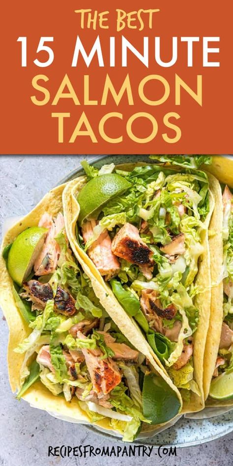 This easy salmon tacos recipe is a super quick no-fuss meal. With just a handful of everyday ingredients and 15 minutes, you can whip up this amazing dish. Take your Taco Tuesday in a whole new direction with these super tasty healthy seafood tacos with a spicy sauce and crunchy veggies! Full of Mexican flavors and easily adaptable, they're sure to become a family favorite. #taco #mexican #salmontacos #tacos #salmon #glutenfree Salmon Tacos Recipe With Slaw, Air Fryer Salmon Tacos Recipe, Canned Salmon Tacos, Salmon Taco Recipes, Salmon Tacos Recipe Easy, Salmon Tacos With Slaw, Easy Salmon Tacos, Salmon Fish Tacos, Easy Shrimp Tacos