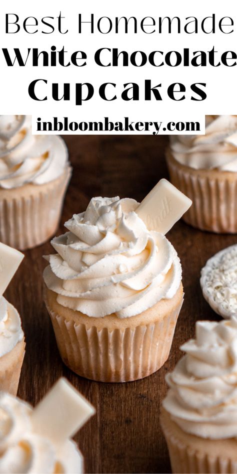 These are soft and tender white cupcakes filled with silky white chocolate ganache and topped with decadent white chocolate buttercream frosting. Bakery Style Vanilla Cupcakes, White Chocolate Cupcakes Box Cake Mixes, White Cake Mix Cupcakes, Sellable Treats, Cupcake Creme, White Chocolate Buttercream Frosting, Cupcakes White, In Bloom Bakery, Bloom Bakery