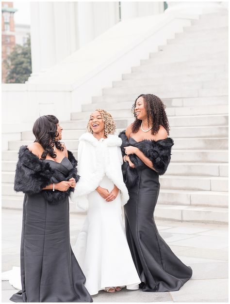 White Fur Cape, Bridesmaids In Black, Wedding In Winter, John Marshall, Black Fur Coat, White Shawl, Black Bridesmaids, Fur Cape, Winter Bride