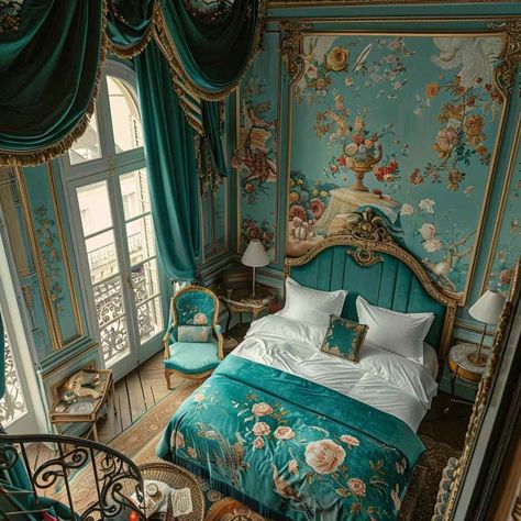 bedroom french maxrococo Rococo Bedroom, Baby Blue Bedrooms, Regency Bedroom, Rococo Interior Design, French Country Decorating Bedroom, Maximalist Bedroom, Rococo Design, Rococo Interior, Bedroom French