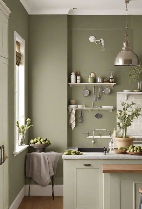 kitchen decor, interior design, paint color matching, home decorating Sw Artichoke Paint, Cottage Kitchen Paint Colors, Kitchen Paint Colors For Walls, Color For Kitchen Walls, Green Walls Kitchen, Kitchen Wall Paint Ideas, Kitchen Wall Color Ideas, Kitchen Wall Paint Colors, Kitchen Wall Paint