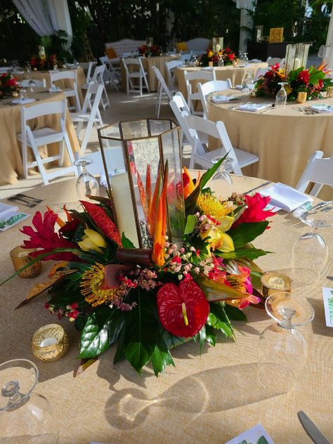 Simple Tropical Centerpieces Party, Tropical Wedding Flowers Centerpieces Table Arrangements, Tropical Island Party Decorations, Elegant Tropical Centerpieces, Tropical Flower Table Arrangements, Hawaii Theme Centerpieces, Island Theme Wedding Decor, Tropical Theme Quinceanera, Hibiscus Flower Centerpieces