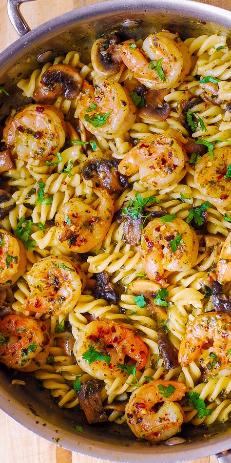 Pesto Shrimp Mushroom Pasta Pasta Shrimp Recipes, Shrimp Mushroom Pasta, Shrimp Mushrooms, Shrimp Mushroom, Shrimp Stuffed Mushrooms, Pasta Shrimp, Pesto Shrimp, Basil Pesto Sauce, Pasta Al Pesto