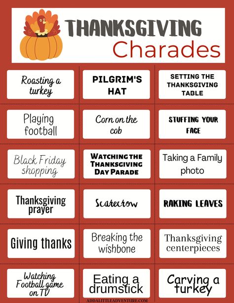 Free printable Thanksgiving charades game for adults and family fun, featuring hilarious and festive Thanksgiving-themed clues. Thanksgiving Family Fued Game Free, Thanksgiving Card Games, Friendsgiving Games For Adults Free, Fun Christmas Party Games For Adults Free Printable, Thanksgiving Charades For Adults, Thanksgiving Bingo For Adults, Thanksgiving Charades For Kids, Holiday Games Family Thanksgiving, Funny Thanksgiving Games For Family