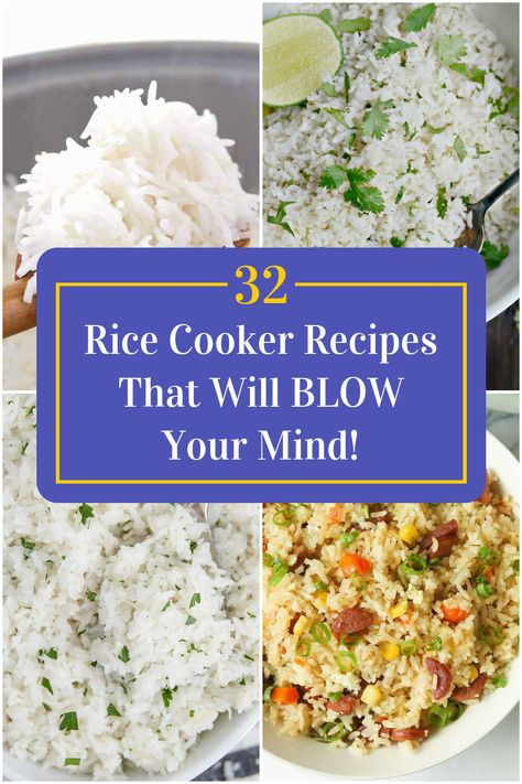 Collage of 4 rice cooker recipes. Rice Recipes For Rice Cooker, Flavored Rice Cooker Recipes, What To Make In A Rice Cooker, Rice Cooker Flavored Rice Recipes, Season Rice In Rice Cooker, Tatung Rice Cooker Recipe, Pressure Cooker Rice Recipes, Best Rice In Rice Cooker, Rice Cooker Risotto Recipes